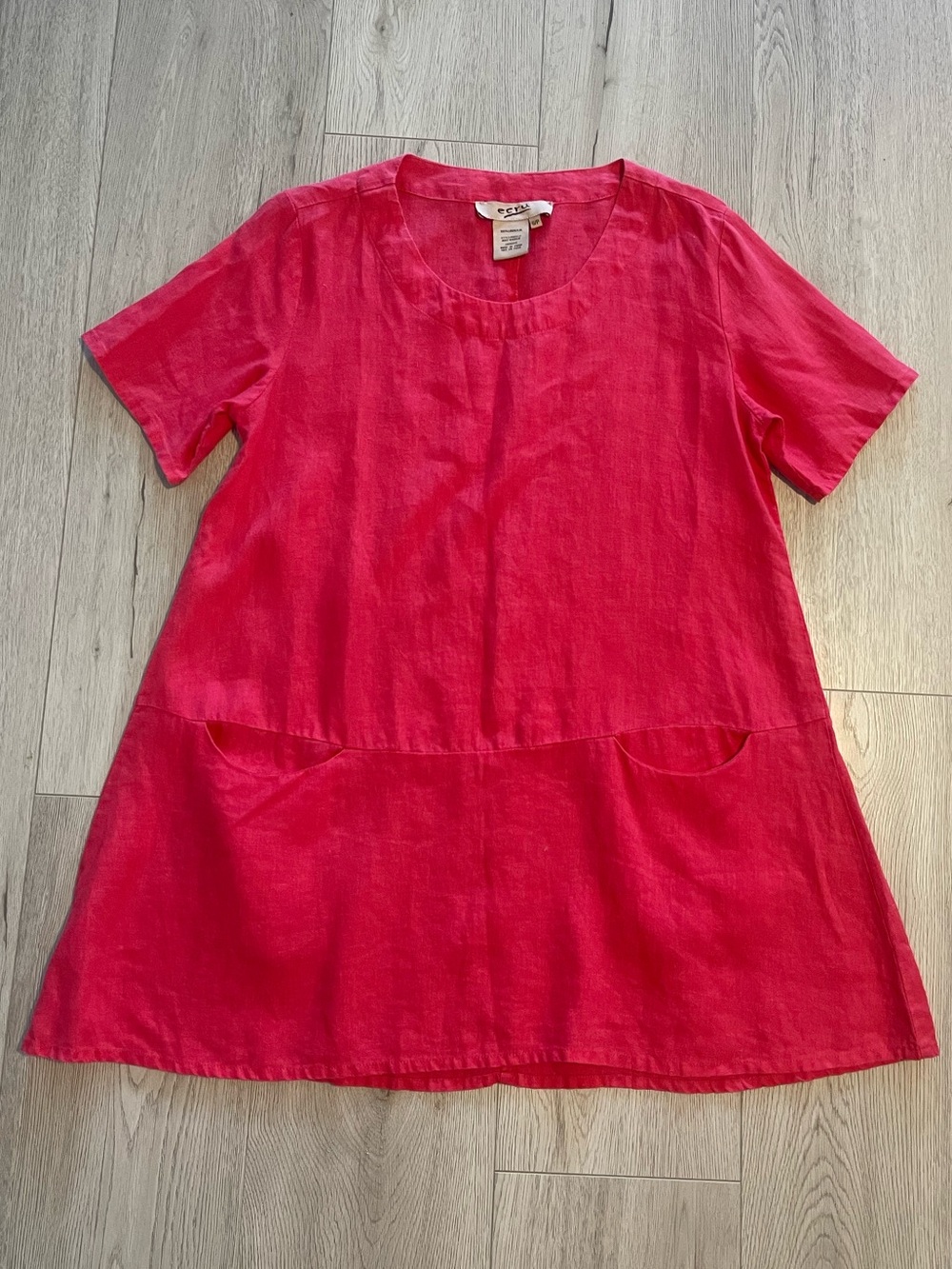 Ecru 100% Linen Shift Dress - Hot Pink